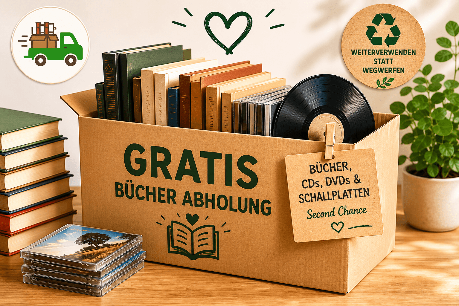 Karton voller Bücher, CDs, DVDs und Schallplatten für die Gratis-Bücher-Abholung
