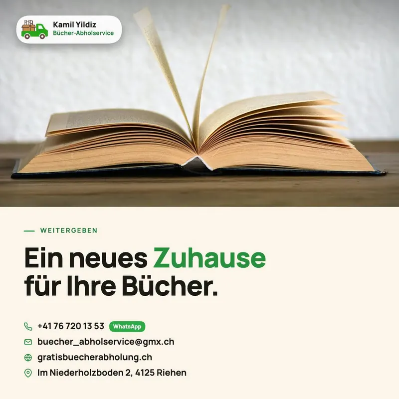 Facebook-Beitrag: Ein neues Zuhause für Ihre Bücher — aufgeschlagenes Buch mit Kontaktdaten