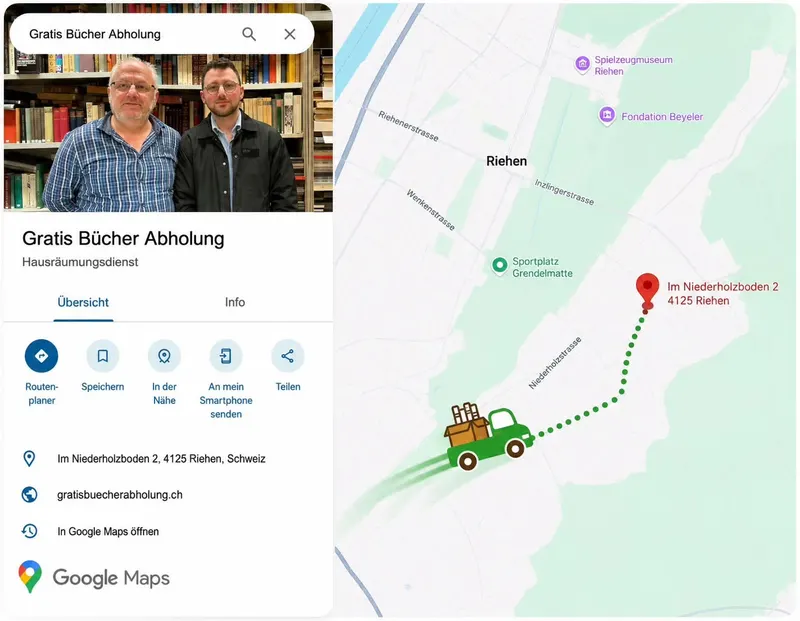 Facebook-Beitrag: Gratis Bücher Abholung ist auf Google Maps zu finden — Profil und Karte von Riehen